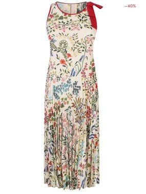 RED Valentino Floral Pleated Midi Bow Dress in Ivory and Red Trim